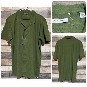 Salt Earth Camp Collar Knit Short Sleeve Button Up Shirt Men’s L Army Green